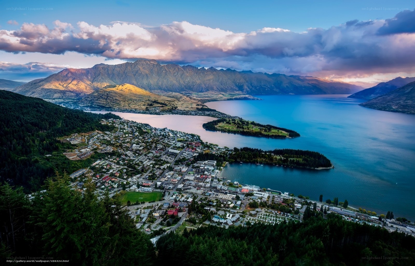 Town by a lake at sunset