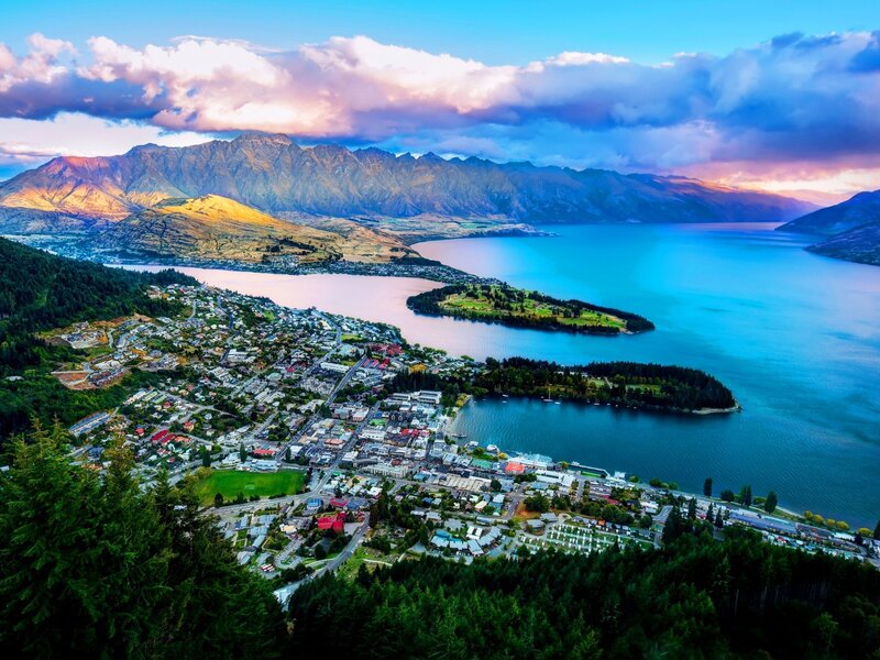 Town by Lake and Mountains — Blue, Dramatic, Sunset