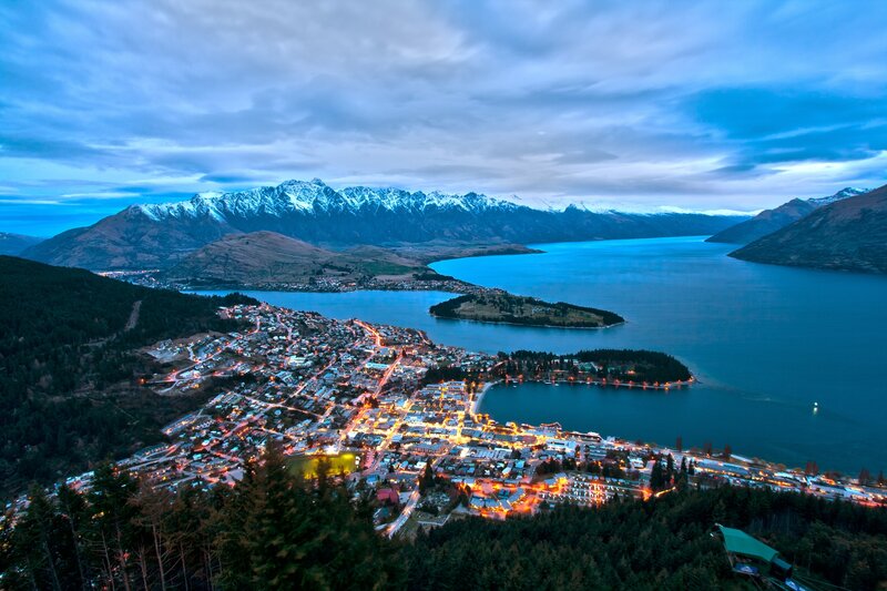 Town by Lake and Mountains — Blue, Serene, Night