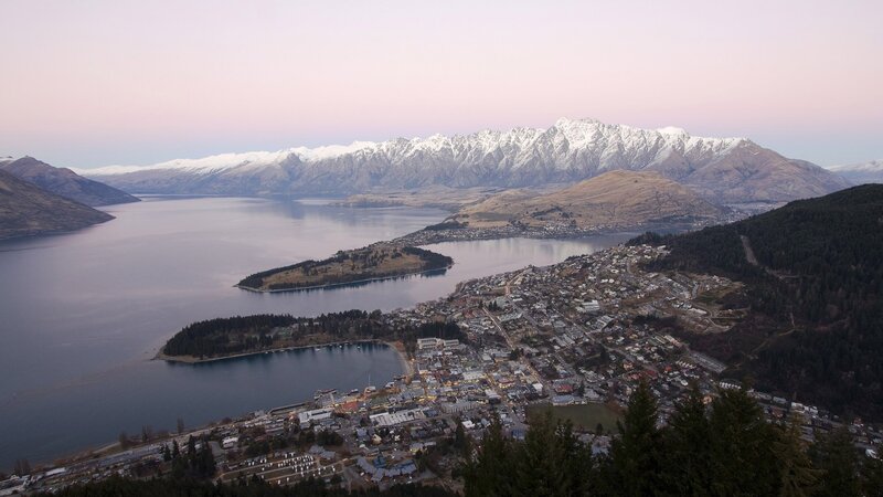 Town by Lake and Mountains — Blue, Serene, Sunset