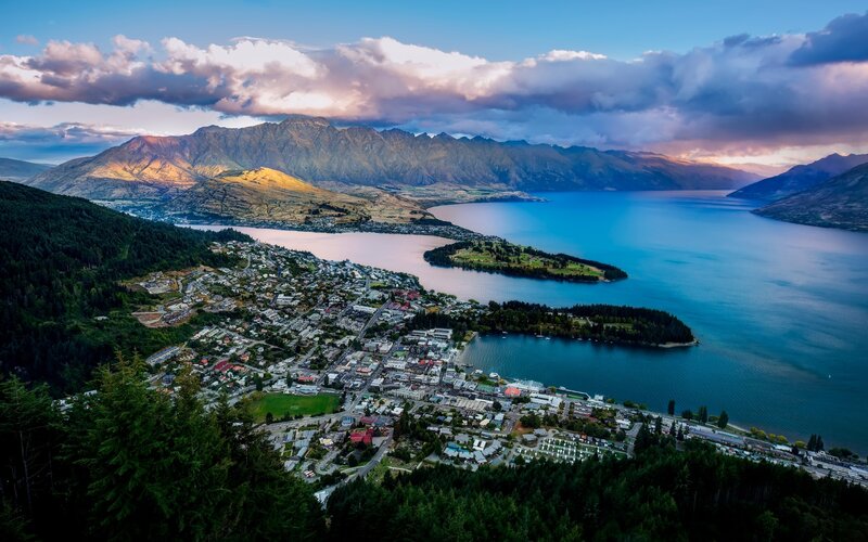 Town by Lake and Mountains — Blue, Serene