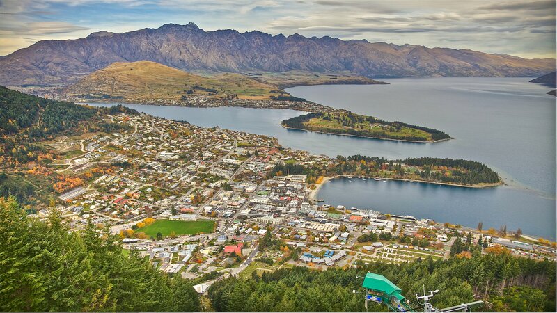 Town by Lake and Mountains — Blue