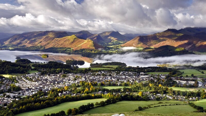 Town by Lake and Mountains — Green