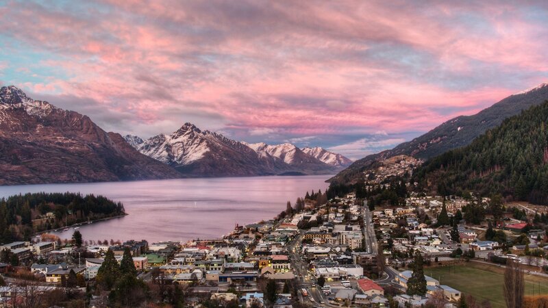 Town by Lake and Mountains — Pink, Serene, Sunset, Photograph