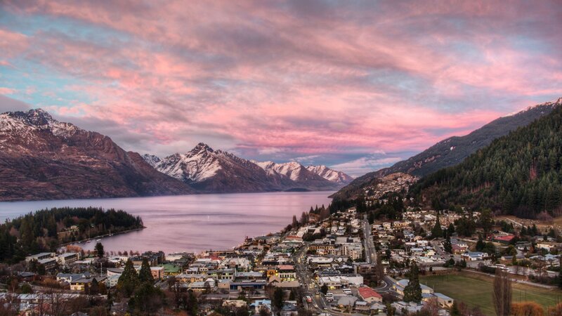Town by Lake and Mountains — Pink