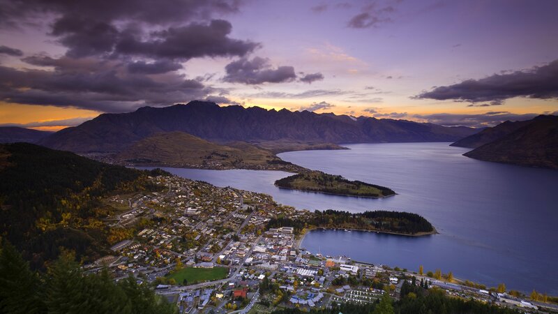 Town by Lake and Mountains — Purple
