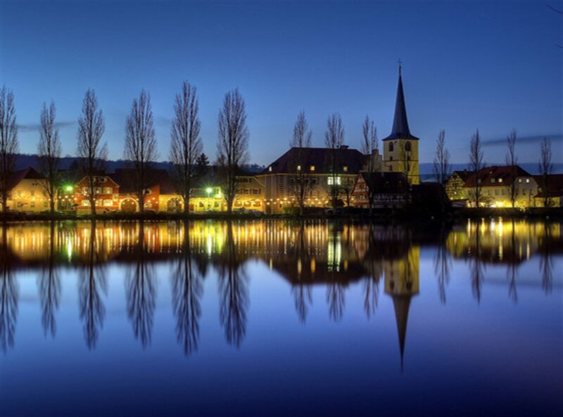 Town by Lake at Dusk — Blue