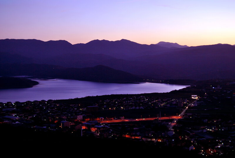 Town by Lake at Dusk — Purple