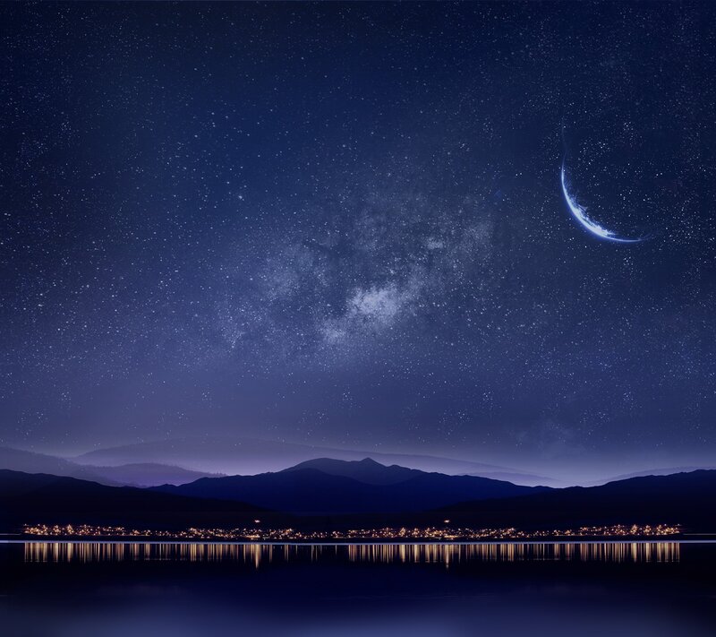 Town by Lake at Night — Blue, Serene