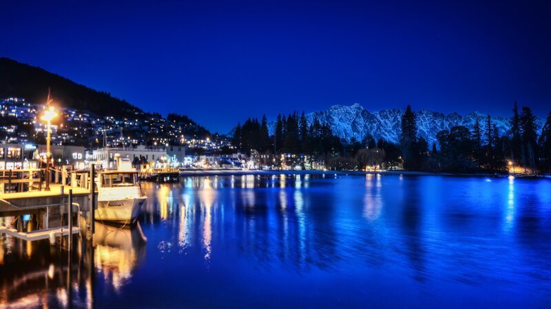 Town by Lake at Night — Blue