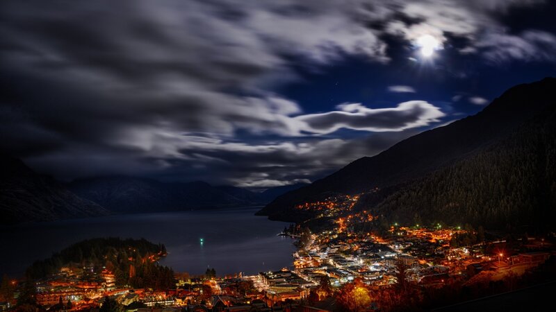 Town by Lake at Night — Dark Blue, Dramatic