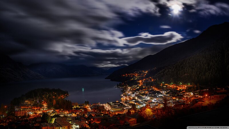 Town by Lake at Night — Dark Blue