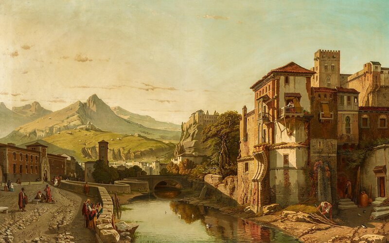 Town by River and Mountains — Brown