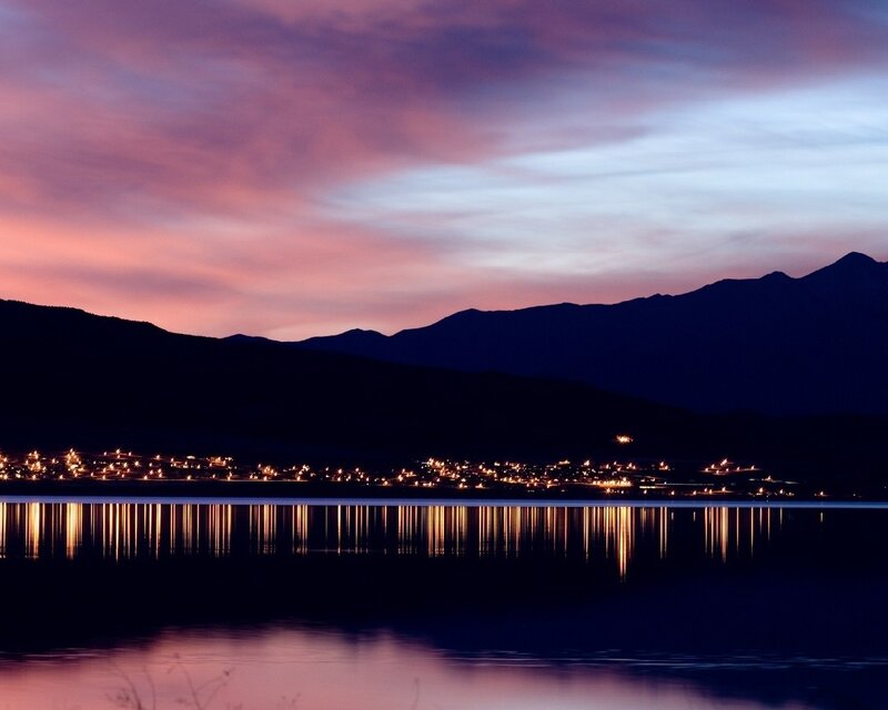 Town by the lake at dusk