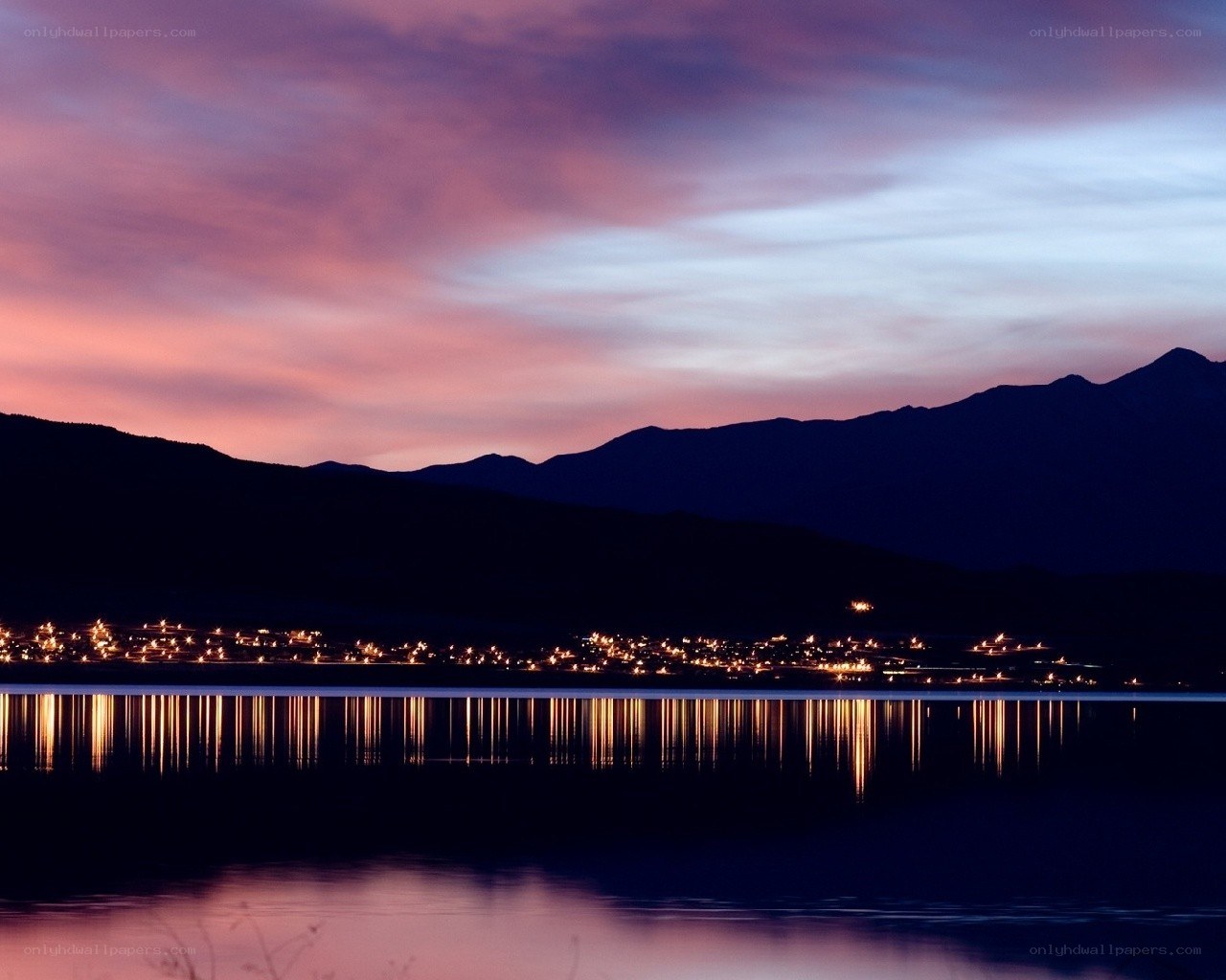 Town by the lake at dusk