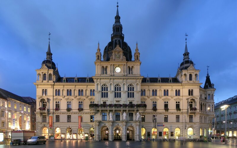 Town hall at dusk