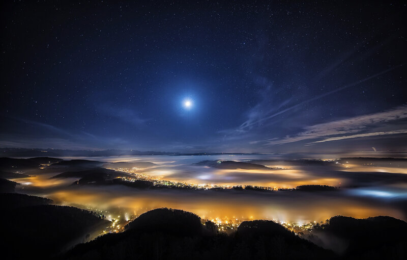 Town in Fog under Moon
