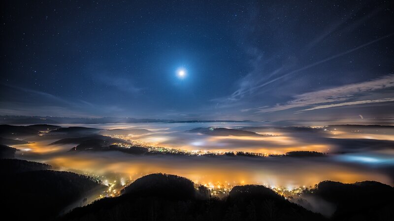 Town in Foggy Valley — Blue, Serene