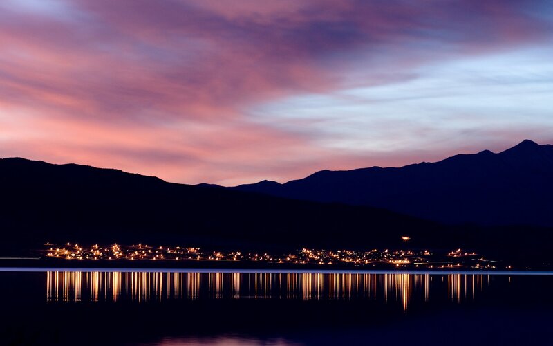 Town Lights on Lake Shore — Purple, Serene, Night, Photograph