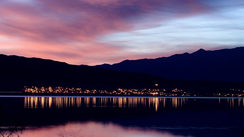 Town Lights on Lake Shore — Purple, Serene, Sunset