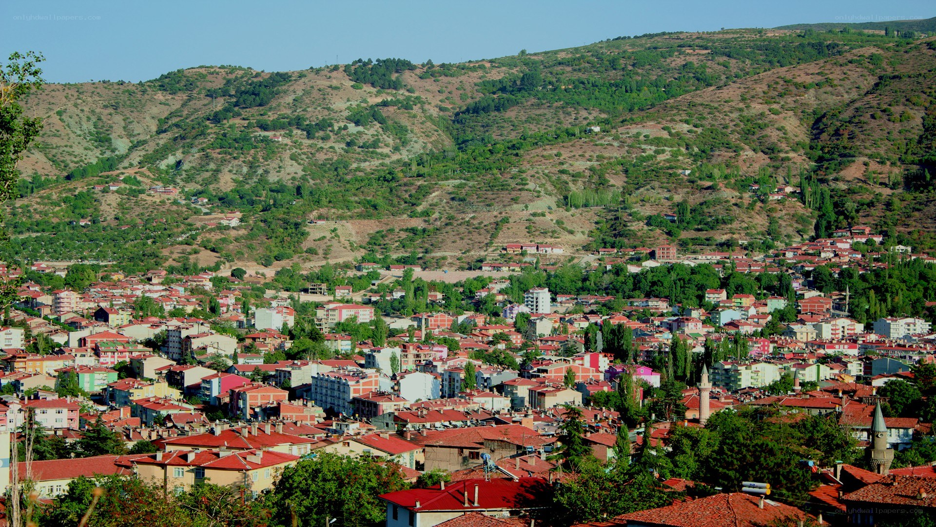 Town nestled in green hills