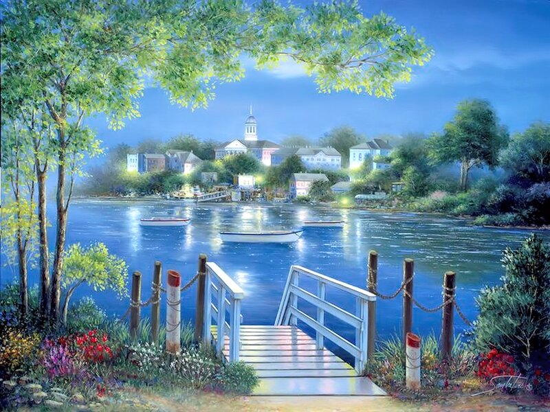 Town on a Lake at Dusk