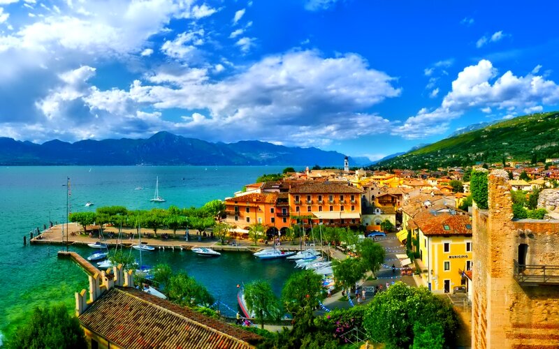 Town on Lake Shore — Blue, Serene, Afternoon, Photograph, Buildings