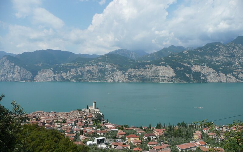 Town on Lake Shore — Blue, Serene, Afternoon, Photograph, Mountains