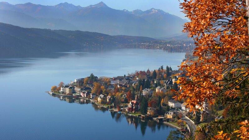 Town on Lake Shore — Blue, Serene, Autumn