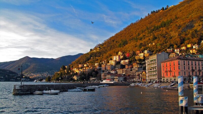 Town on Lake Shore — Blue, Serene, Sunset
