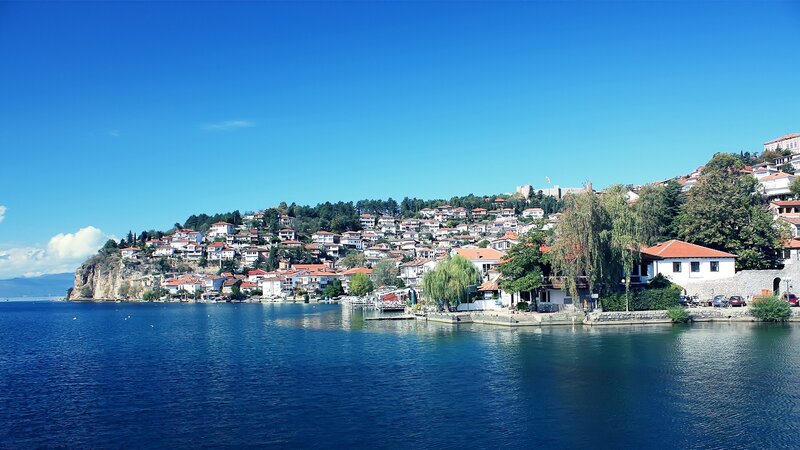 Town on Lakeside Hill — Blue, Serene