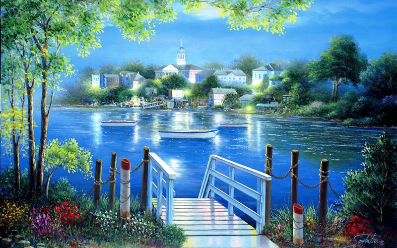 Town on River at Dusk