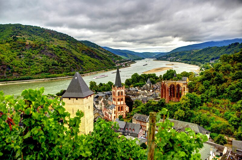 Town on River Bend — Green, Dramatic
