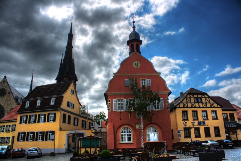 Town square with church and town hall