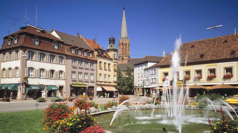 Town square with fountain and church