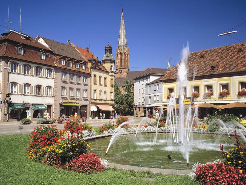 Town square with fountain and church