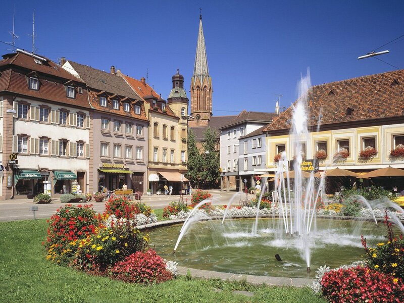 Town square with fountain and church