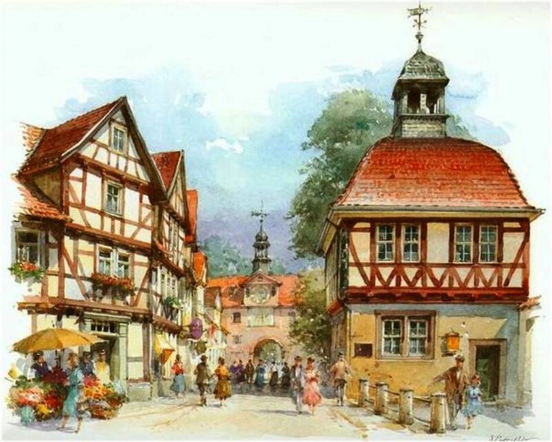 Town Square with Half-timbered Buildings