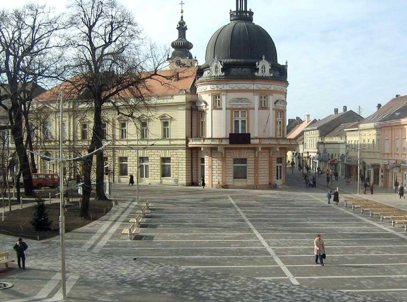 Town square with historic buildings