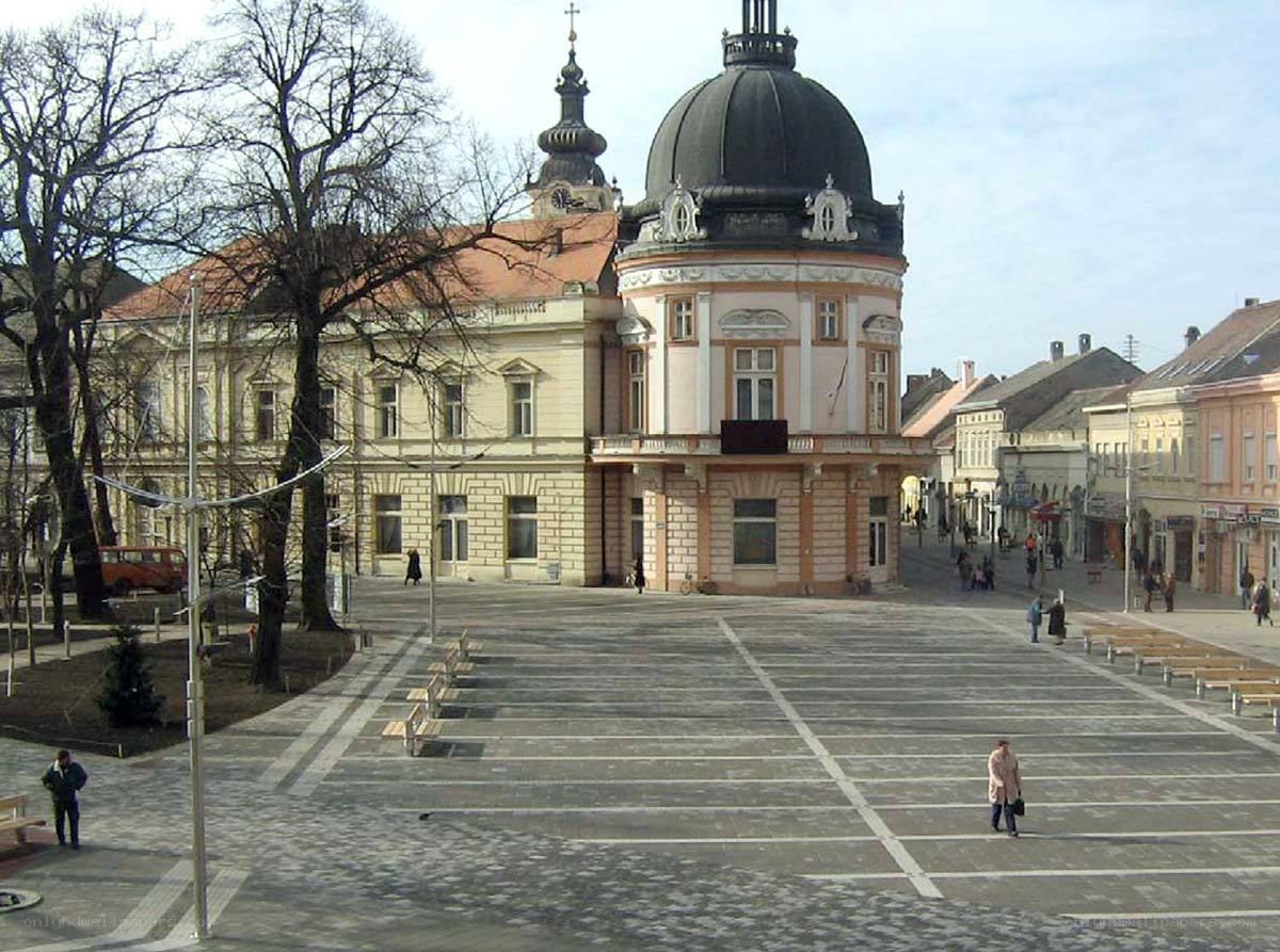 Town square with historic buildings