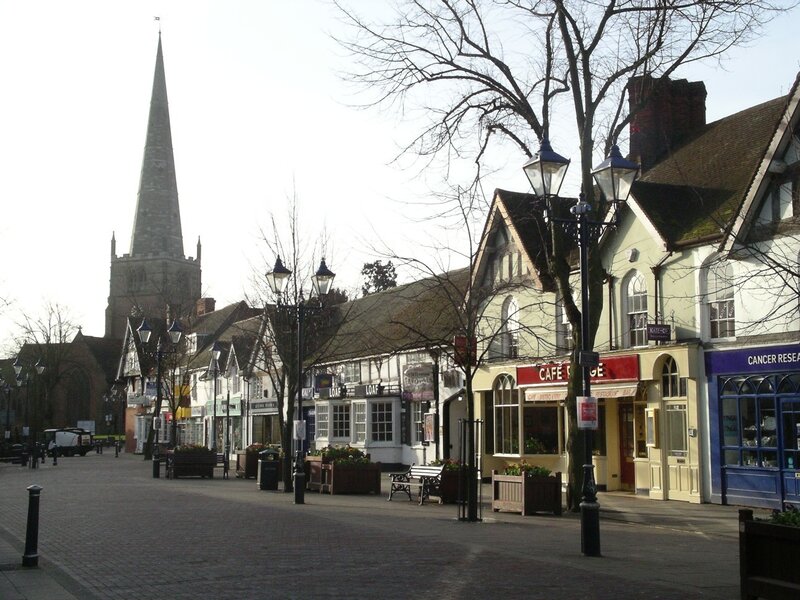 Town street with church spire