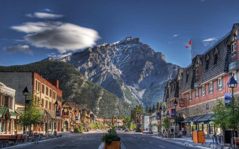 Town Street with Mountain — Blue, Dramatic