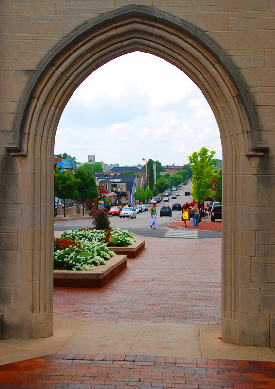 Town view through stone arch