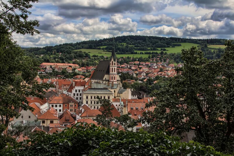 Town with church and hills