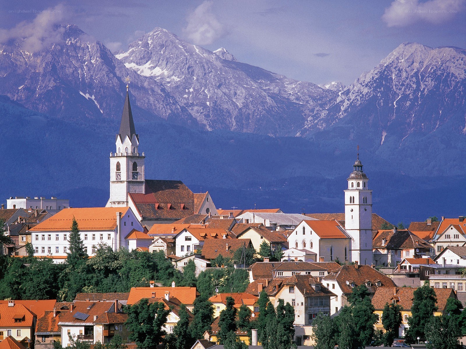 Town with church and mountains