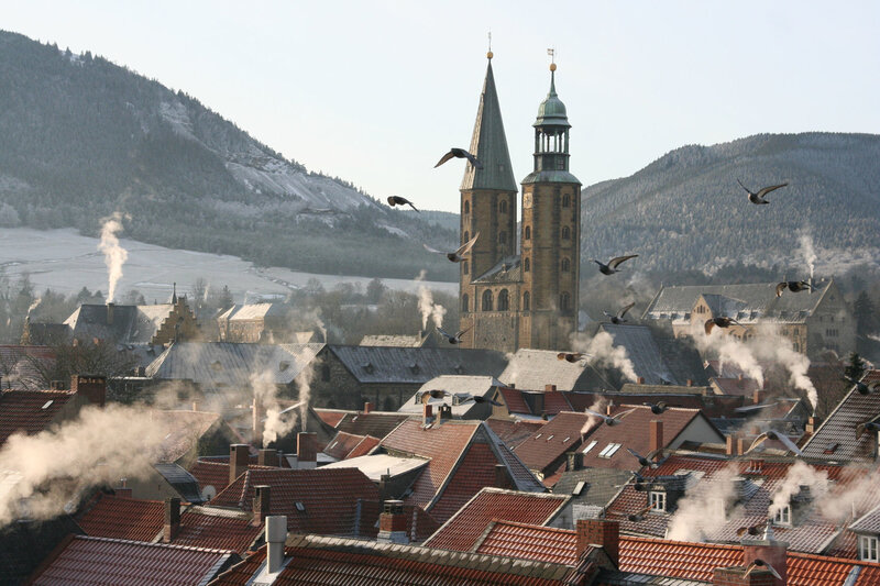 Town with church towers in winter
