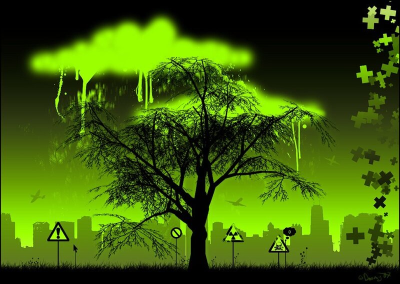 Toxic city with glowing green sky