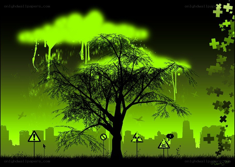 Toxic city with glowing green sky