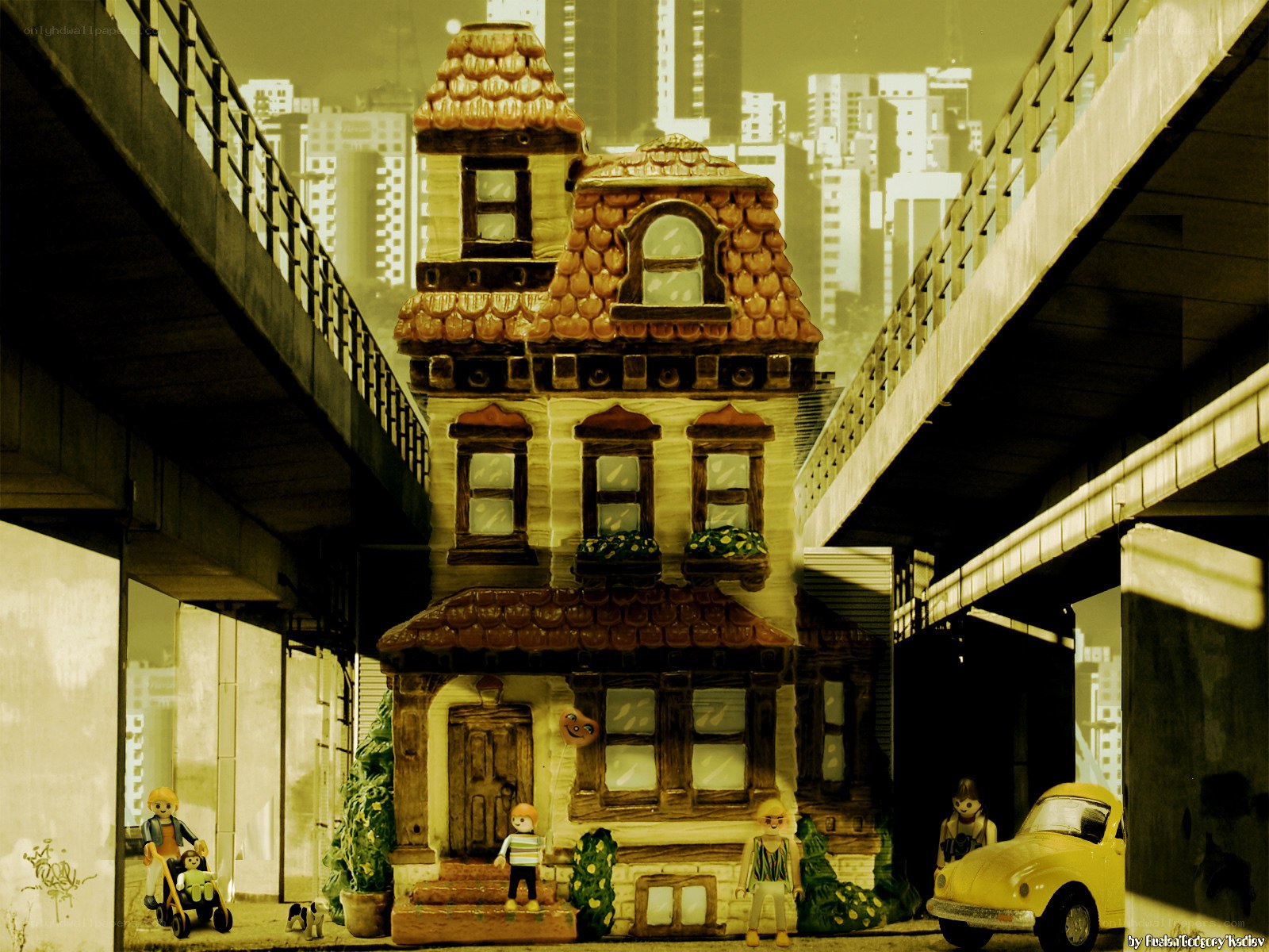 Toy house under city overpass