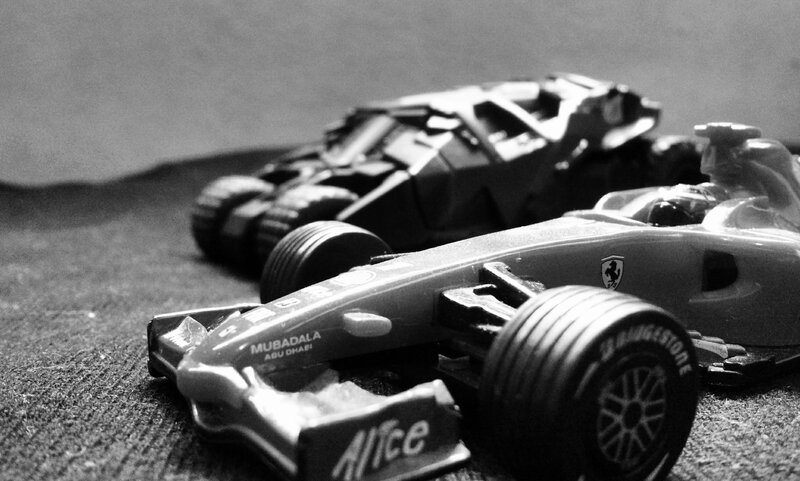 Toy race cars on display